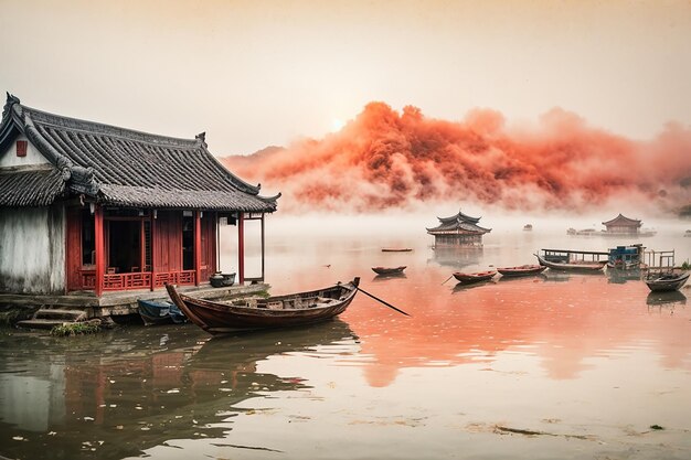 Muted Chinese scroll Ninh Binh boat red sun fog lakeside Rice paper texture perfect composition