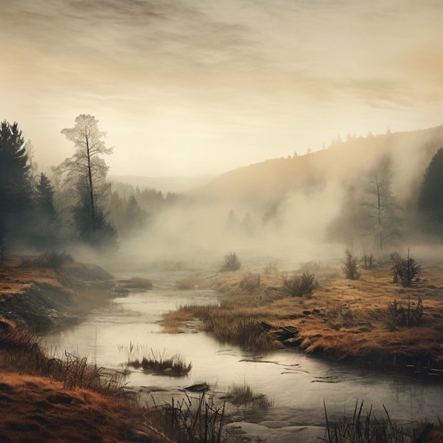 Muted colors of a misty morning landscape