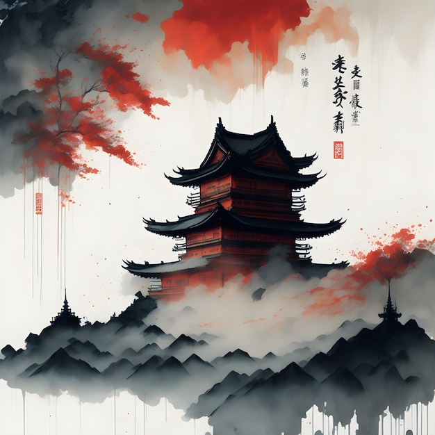 Muted japanese ink painting style with a castle and japanese calligraphy