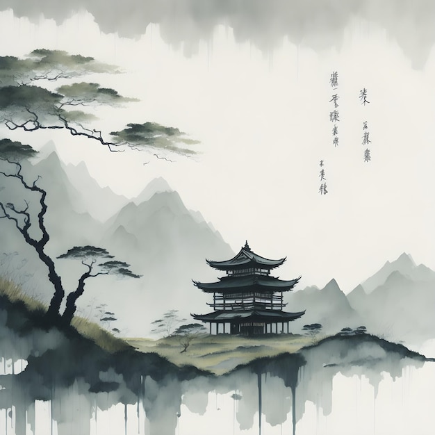 Muted japanese ink painting style with a pagoda and japanese writings