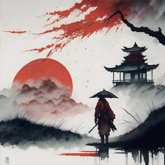 Заглушенный японский стиль чернильной живописи с храмом пагоды и ронином