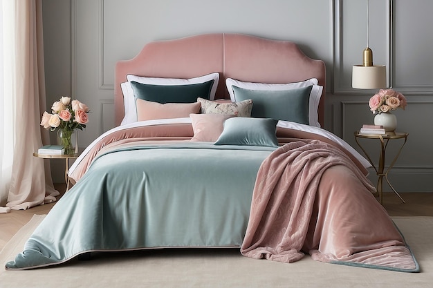 Muted Pastel Velvet Bedspread in a Sophisticated Bedroom