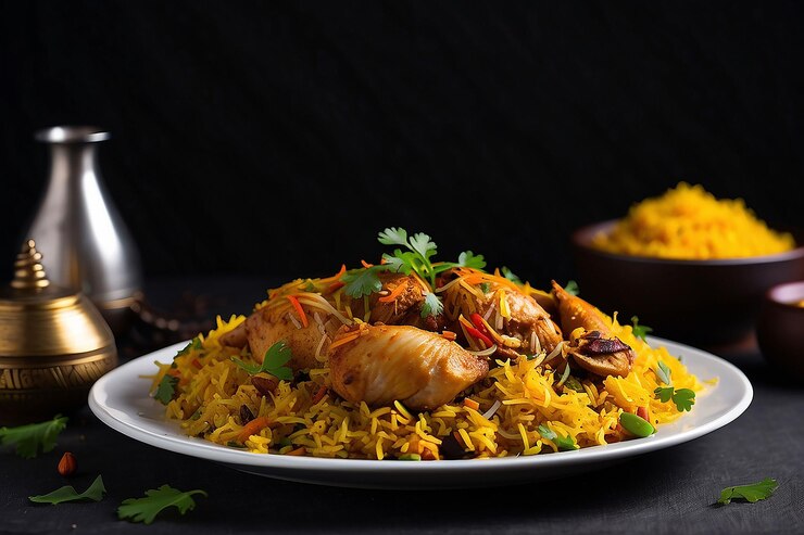 Mutton biriyani on a white plate on a black background HD quality image