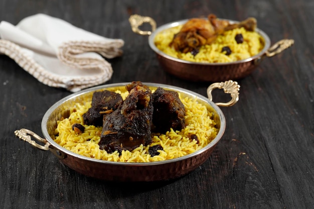 Mutton Biryani Pittige Indiase Malabar Hyderabadi of Dum Biriyani Pulao uit Kerala India Sri Lanka Pakistan Basmati Rijst Gemengde Rijst Schotel Lamsvlees Curry