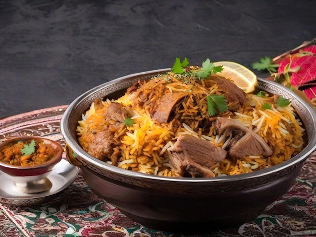 Mutton biryani with a bowl of rice and a bowl of food on the table