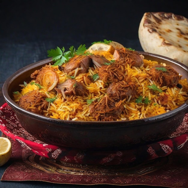 Mutton biryani with a bowl of rice and a bowl of food on the table