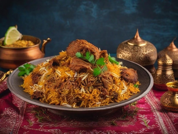 Mutton biryani with a bowl of rice and a bowl of food on the table