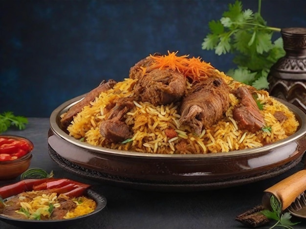 Mutton biryani with a bowl of rice and a bowl of food on the table