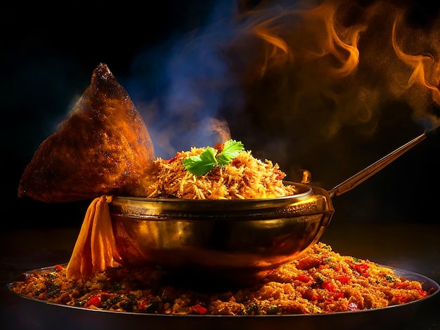 Mutton and chicken in golden bowl dum biryani with fire smoke background at night free image