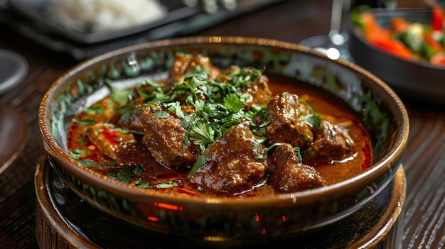 Mutton Masala or the aromatic delight of Lamb Rogan Josh elegantly served in a bowl