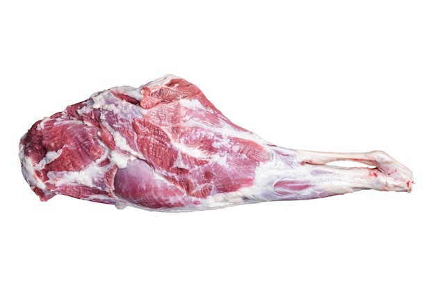 Мясо баранины Сырое целое бедро ягненка на мясной доске, изолированное на белом фоне
