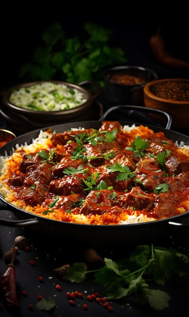 Foto mutton rogan josh dish con ricca salsa e riso a zafferano deep india culinary culture layout website