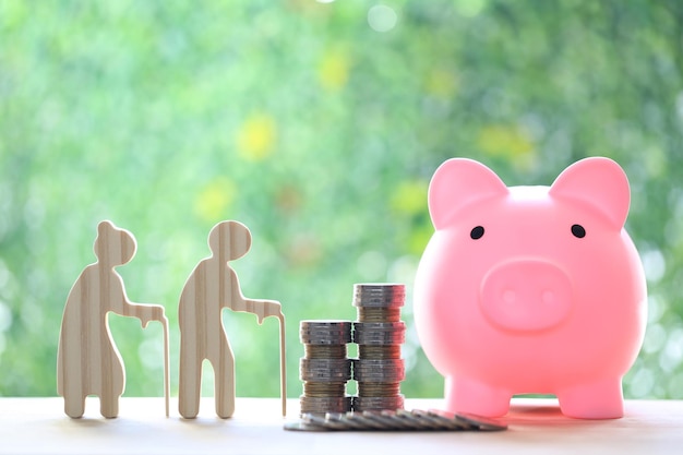 Mutual fundLove couple senior and stack of coins money with piggy bank on natural green background