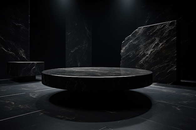Muur met podium voor productweergave op donkere achtergrond Donkere stenen podium minimalisme stijl