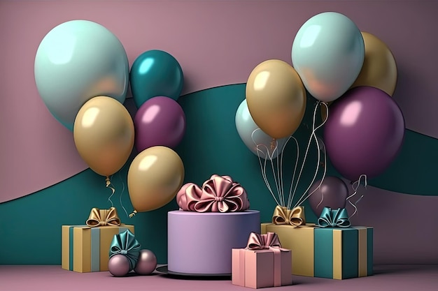 Muur met verjaardagsdecor met ballonnencadeaus en confetti AI