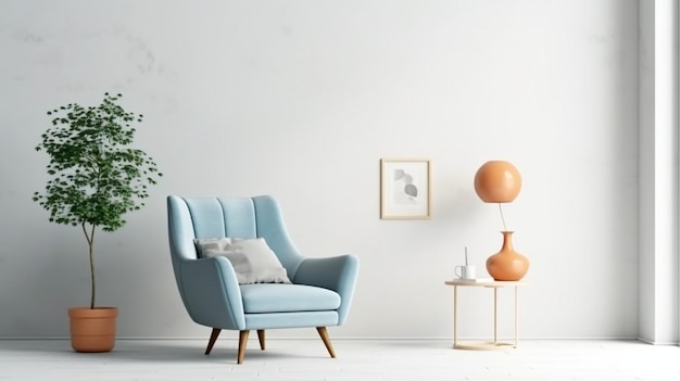 Muurmodel in warme tinten met blauwe fauteuil op witte muurachtergrond Generatieve AI