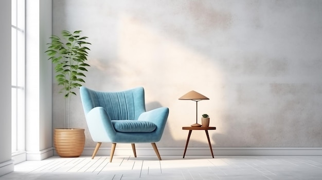 Muurmodel in warme tinten met blauwe fauteuil op witte muurachtergrond Generatieve AI