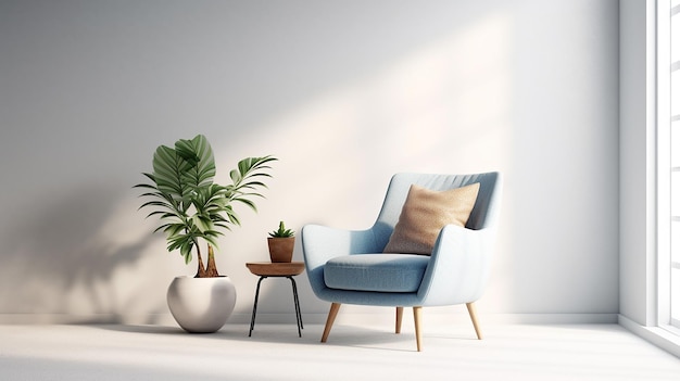 Muurmodel in warme tinten met blauwe fauteuil op witte muurachtergrond Generatieve AI