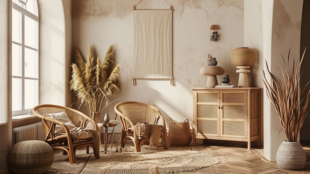Muurmodel in wit eenvoudig en minimaal interieur met houten meubels Generative Ai