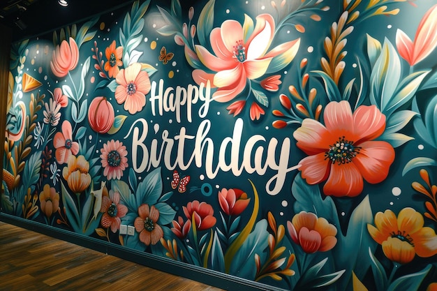 Muurschildering met een bloemenontwerp voor een gelukkige verjaardag