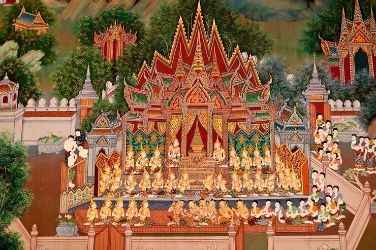 Muurschilderingen die te zien zijn in Thaise tempels.