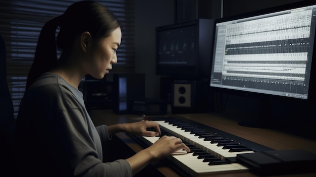 Muziek Componist Vrouw Aziatisch Middelbare leeftijd Schrijven en arrangeren van muziekpartituren voor film-tv of videogames in thuisstudio Generatieve AI AIG22