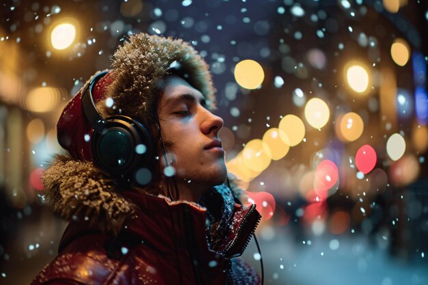 Foto muziek luisteren in de sneeuw generatieve ai