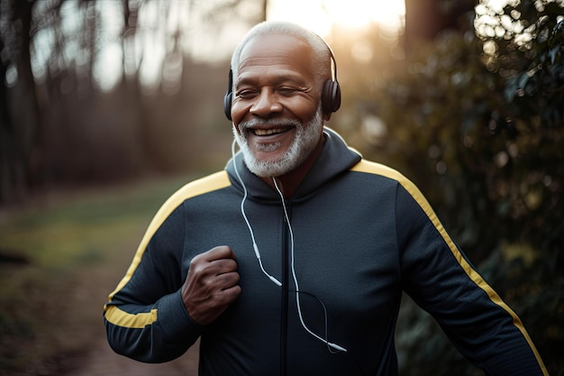 Muziek oortelefoons rennen en zwarte man in de natuur voor gezondheid, wellness en fitness Radio en glimlach