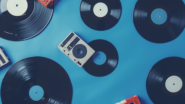 Muziek platte objecten met vinylplaten en cassettebanden op een blauwe achtergrond Generatieve AI