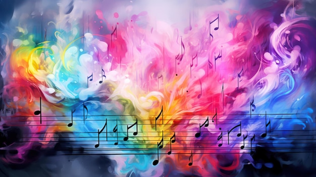 muziekblad met notities op de achtergrond van kleurrijke rook