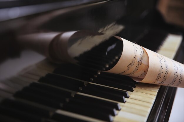 Muziekbladen op piano close-up