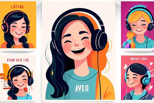 Muziekcover Een gelukkig meisje luistert naar muziek Set vectorillustraties Typografieontwerp