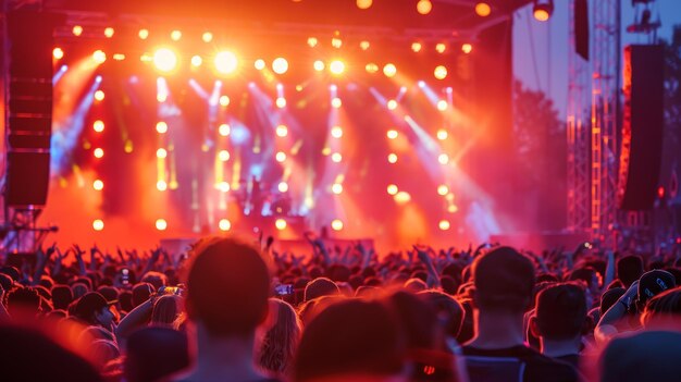 Muziekfestival scène met een betoverd publiek en gloeiend podium onder schemering hemel