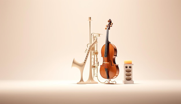 Muziekinstrument dat op een minimaal podium staat op een wazige witte achtergrond