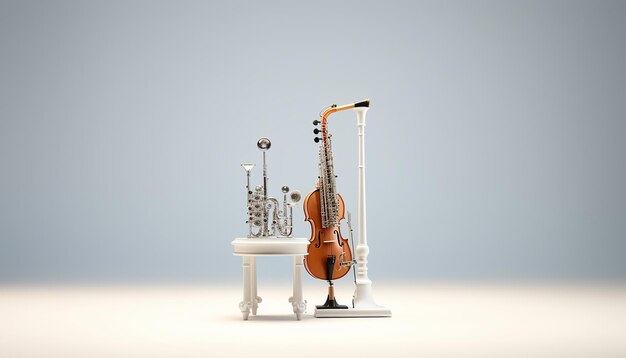 Muziekinstrument dat op een minimaal podium staat op een wazige witte achtergrond