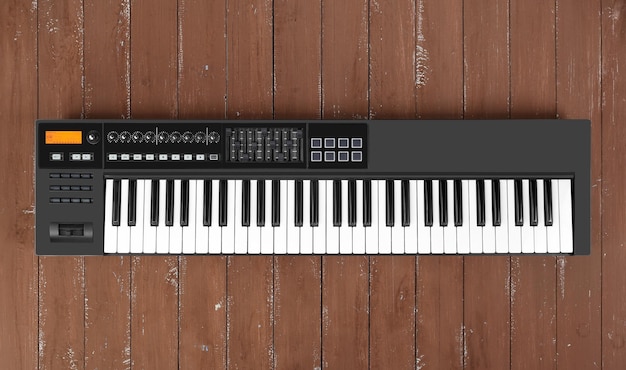 Muziekinstrument Zwart MIDI toetsenbord houten achtergrond