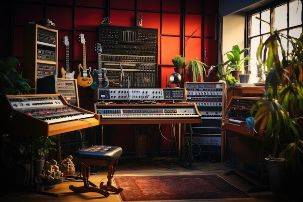 Foto muziekinstrumenten in de kamer van een muziekstudio muziekconcept vintage muziekopnamestudio met versterkers en synthesizer ai gegenereerd