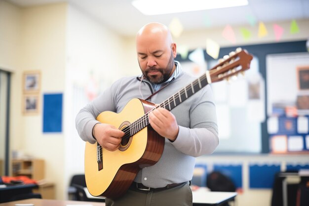 Foto muziekleraar stemmen van een gitaar in een klaslokaal