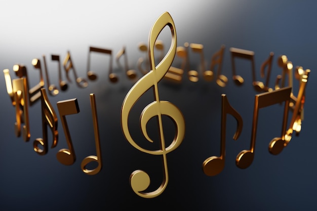 Muzieknoten en symbolen met rondingen en wervelingen op een zwarte achtergrond onder lichte kleur 3D illustratie