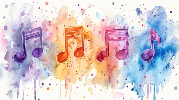 Muzieknoten met penseelstreken en kleuren op witte achtergrond geïsoleerd