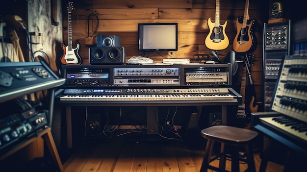 Foto muziekstudio met muziekinstrumenten gecreëerd met generatieve ai-technologie