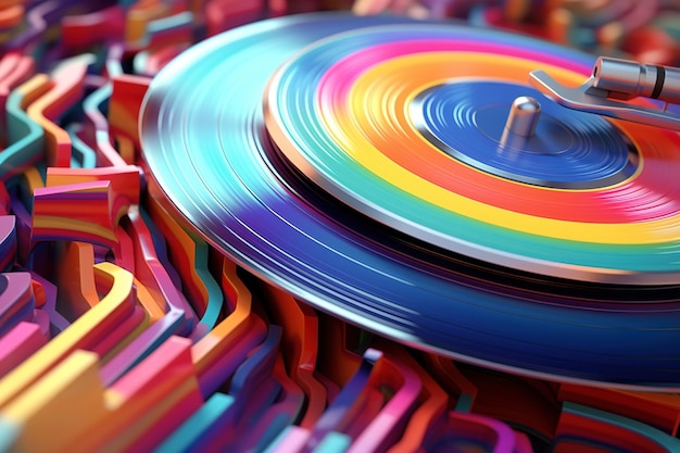 Muziekvinyl Illustratie van een kleurrijke iriserende vintage muziekvinylplaat op een draaitafel