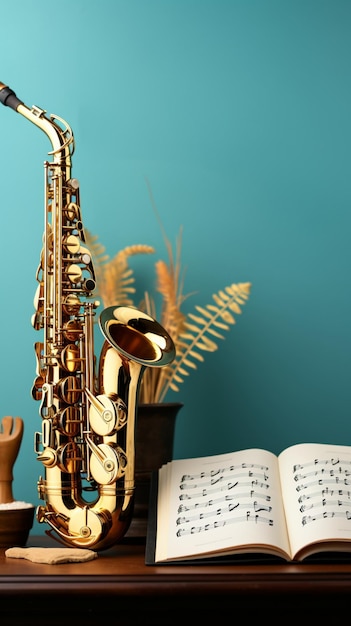 Muzikale harmonie Gouden saxofoons en een notitieboekje op een boeiende blauwe achtergrond Vertical Mobile