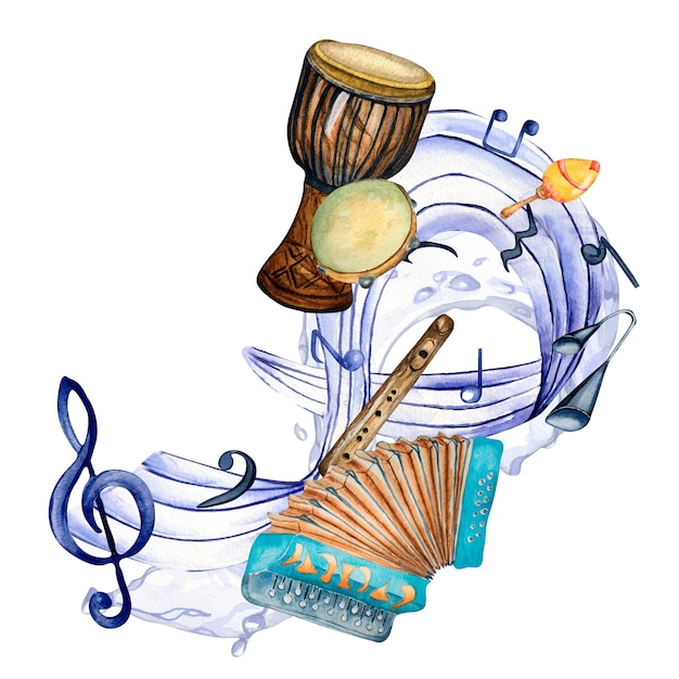 Muzikale symbolen en accordeon aquarel illustratie op wit