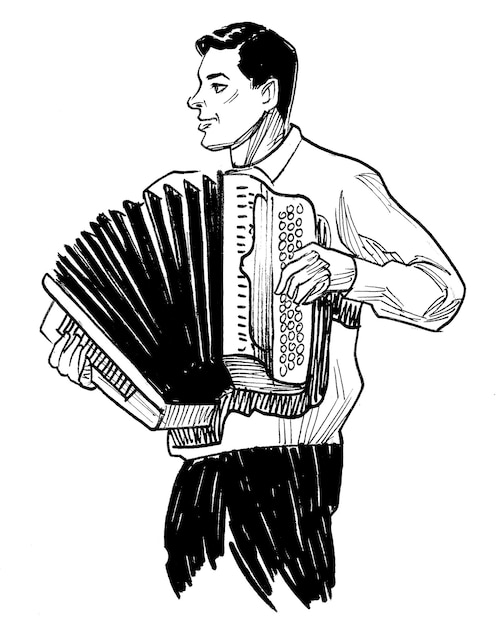 Muzikant accordeon spelen. Inkt zwart-wit tekening