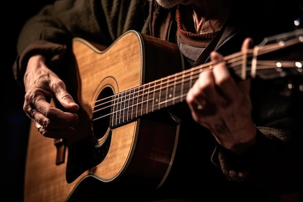 Muzikant die gitaar speelt met zwarte jas in de donkere Generative Ai