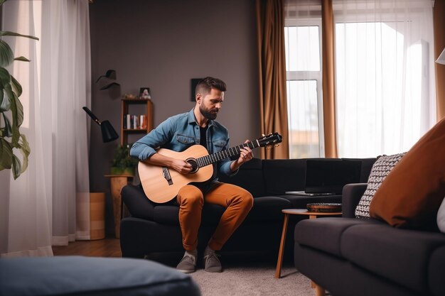 Muzikant speelt gitaar tijdens een online concert thuis