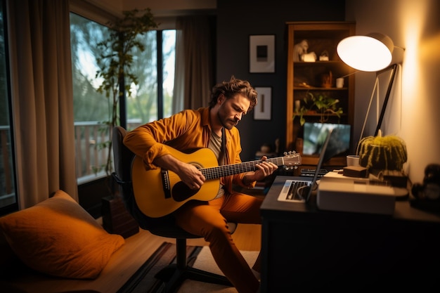 Muzikant speelt gitaar tijdens een online concert thuis