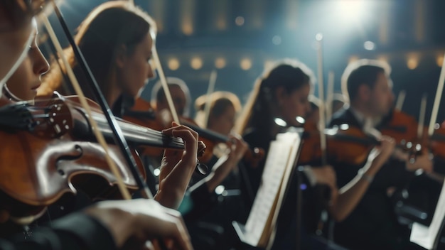 Foto muzikanten in een orkest met de nadruk op snaarsectie en fluit