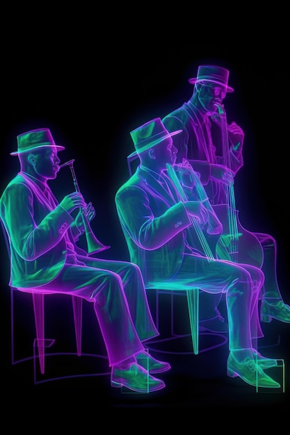 Muzikanten met saxofoon en trompet in neonlicht